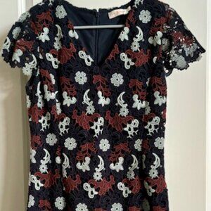 Tory Burch Lined, Lacy Floral Patterned Dress Size 8 Navy-Silver White-Burgundy